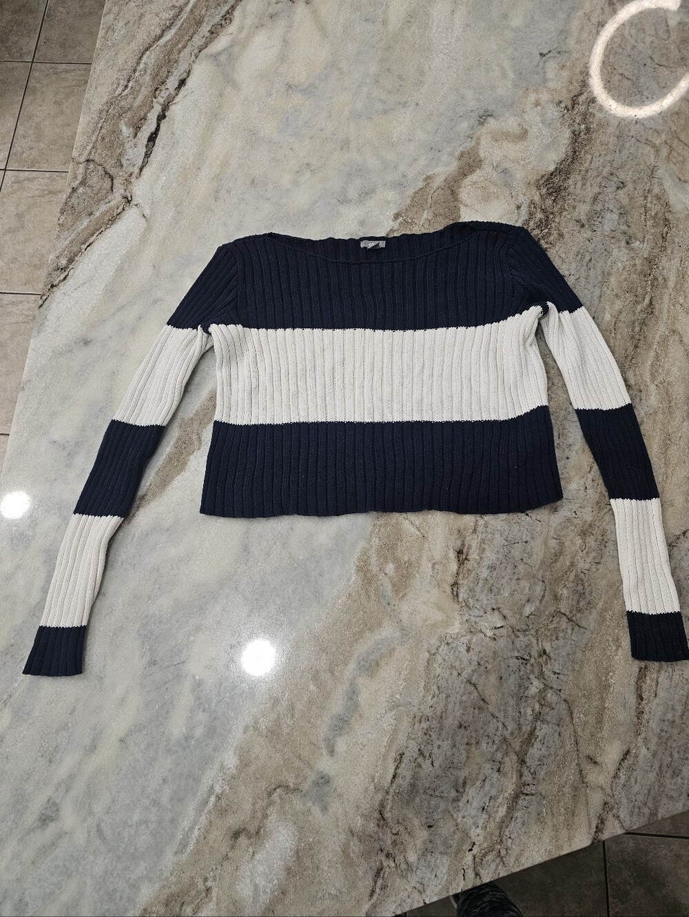 Aerie Striped Knit Sweater Small Navy Cream Boat Neck Cropped Coastal